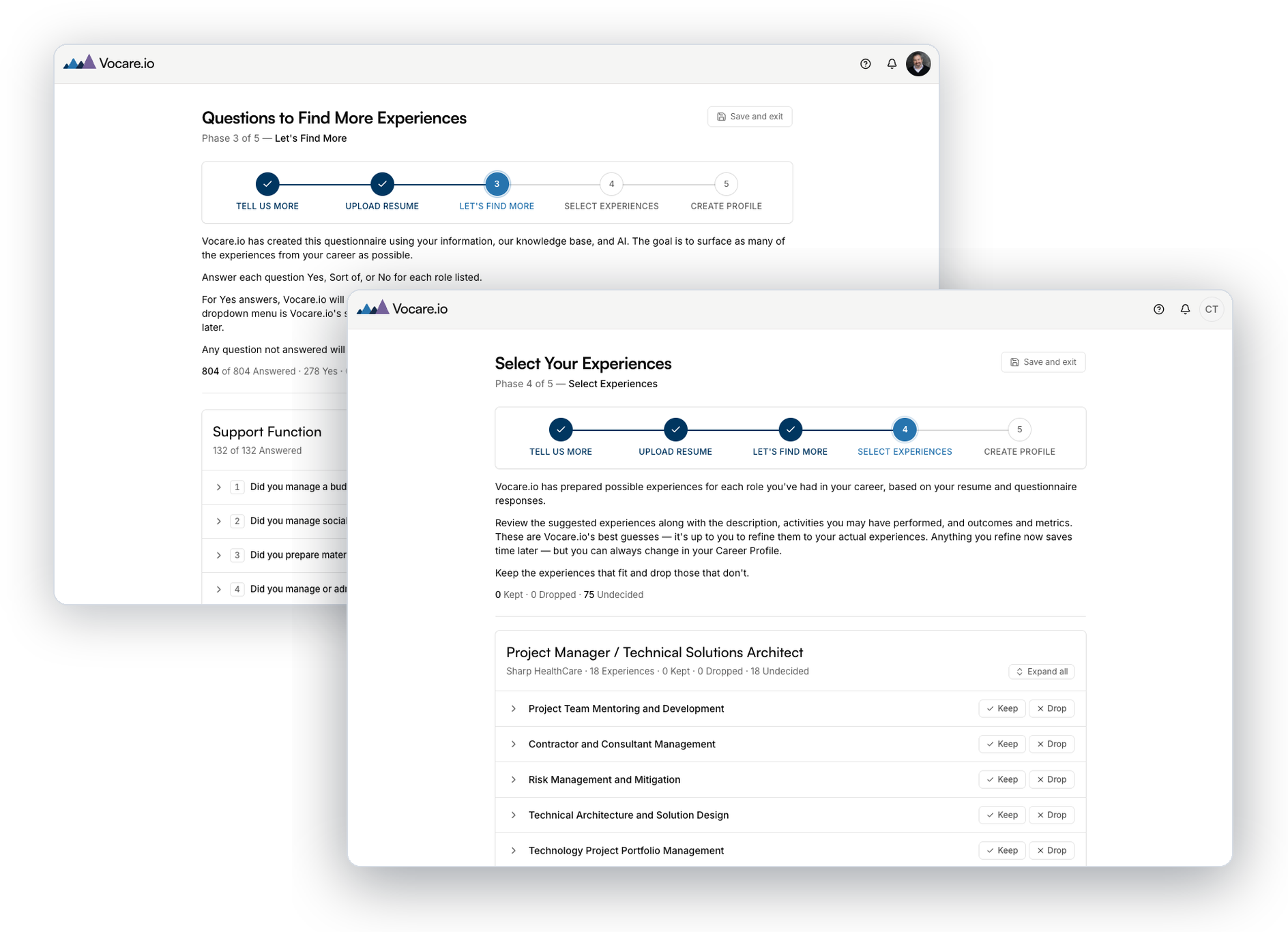 VocareASSIST — questionnaire and experience selection